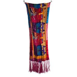 Colorful Vintage Cat Art Silk Scarf with Fringe – 12"x56"